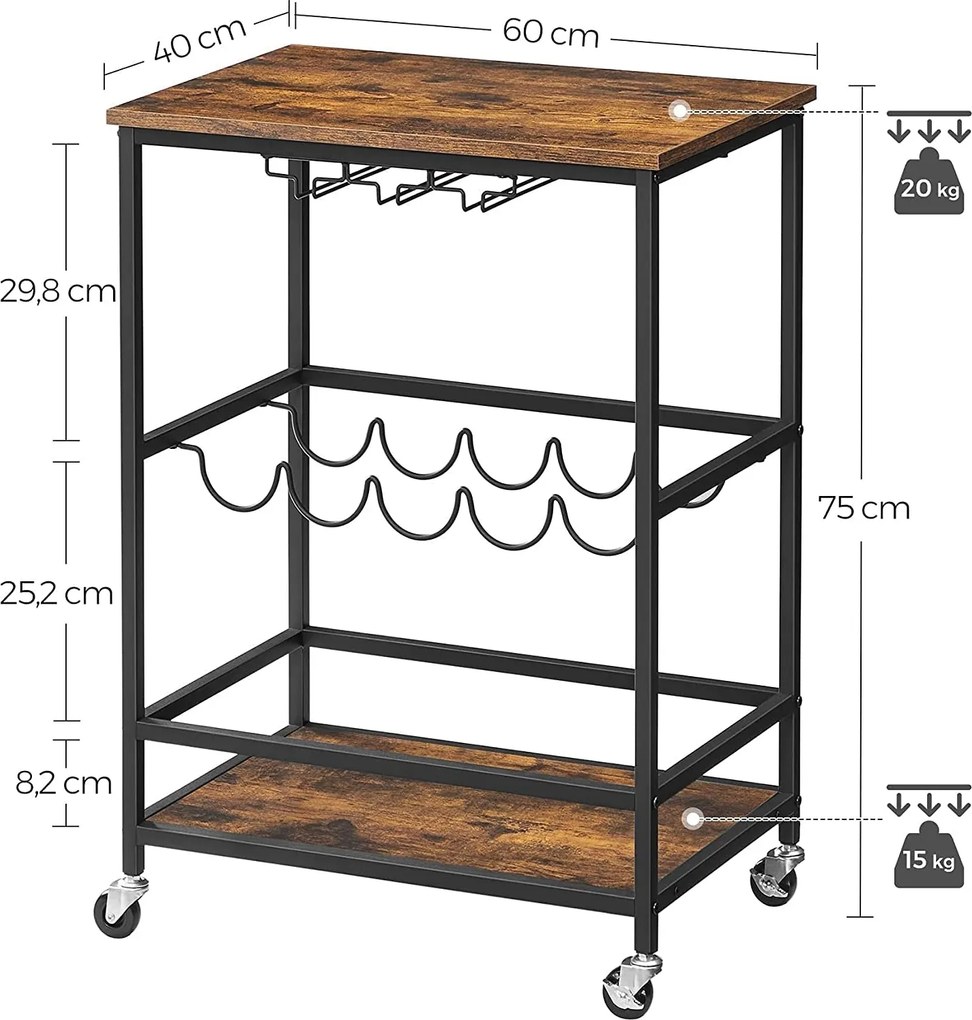 Servírovací vozík s držiakmi na poháre a fľaše, rustikálny hnedý
