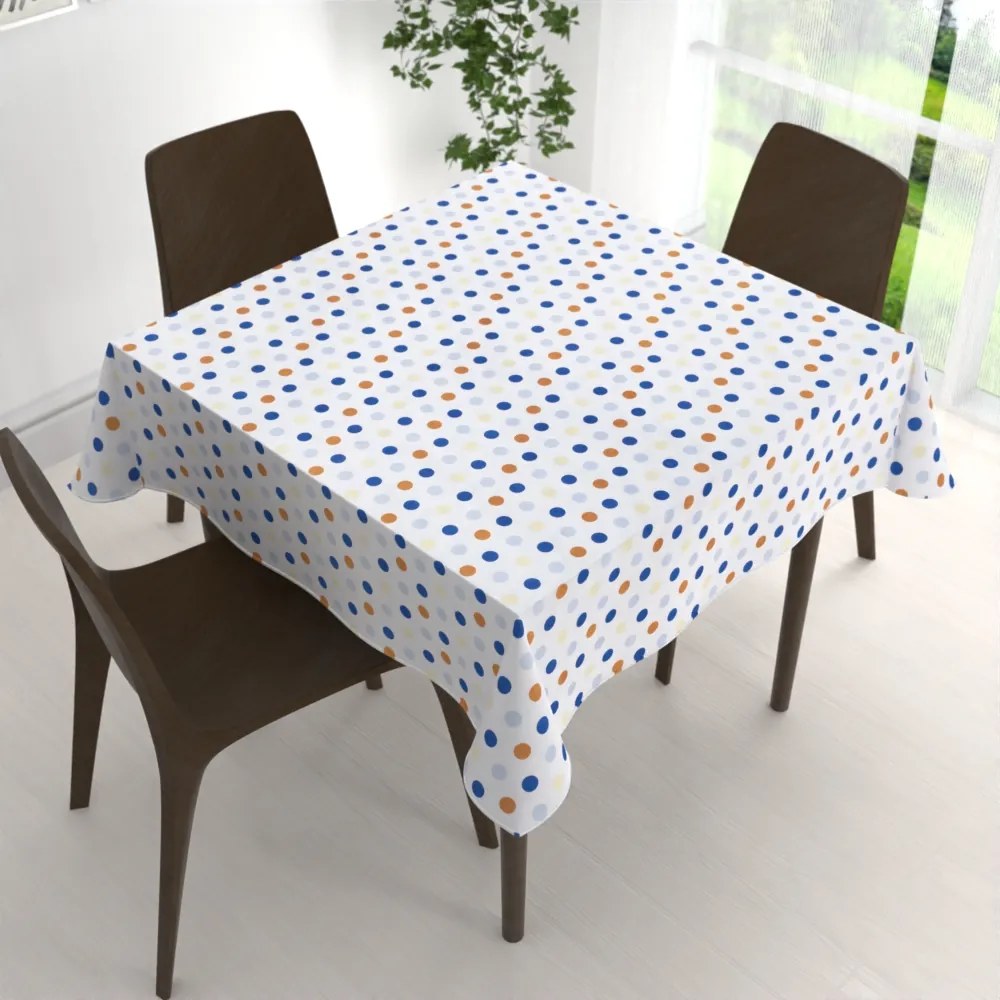 Biante Bavlnený štvorcový obrus Sandra SA-120 Modré a hnedé bodky na bielom 150x150 cm