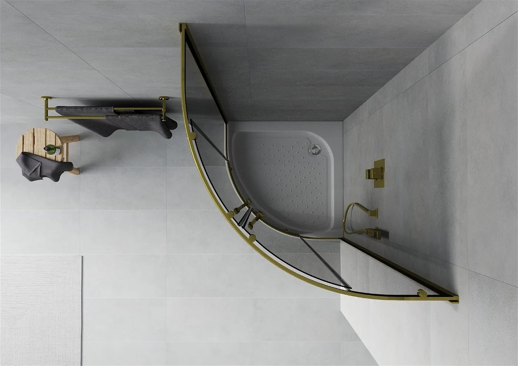Mexen Rio, štvrťkruhový sprchovací kút 70(dvere)x70(dvere)x190 cm, 5mm šedé sklo, zlatý profil + biela sprchová vanička RIO, 863-070-070-50-0-4710