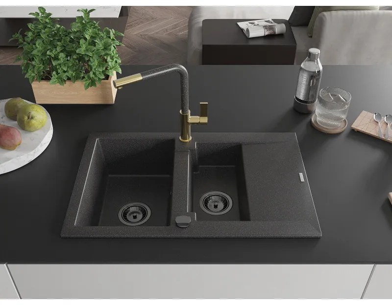 Mexen Gaspar, 1,5-komorový granitový drez 737x475x177 mm a drezová batéria Flora, čierna škvrnitá, 6507-76-670401-75-B
