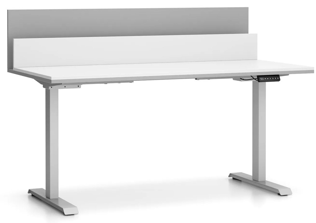 Výškovo nastaviteľný stôl SINGLE LAYERS, 160x80 cm, 2 motory, s prepážkami, biela/sivá