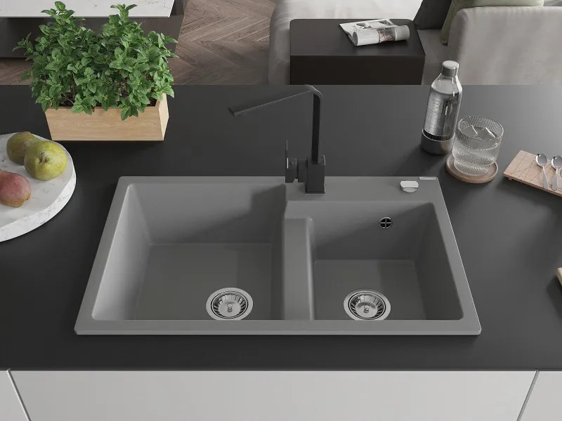 Mexen Tomas, granitový drez 800x500x190 mm, 2-komorový a čierna batéria Rita, šedá, 6516-71-670300-70