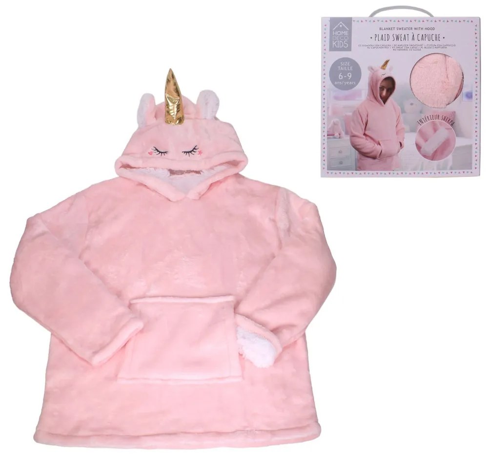 Detská mikinová deka s rukávmi a kapucňou HOODIE UNICORN ružová