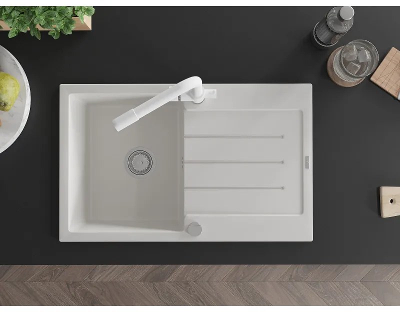Mexen Bruno, 1-komorový granitový drez s odkvapkávačom 795x495x200 mm a biela batéria Duero, biela, 6513-20-671600-20