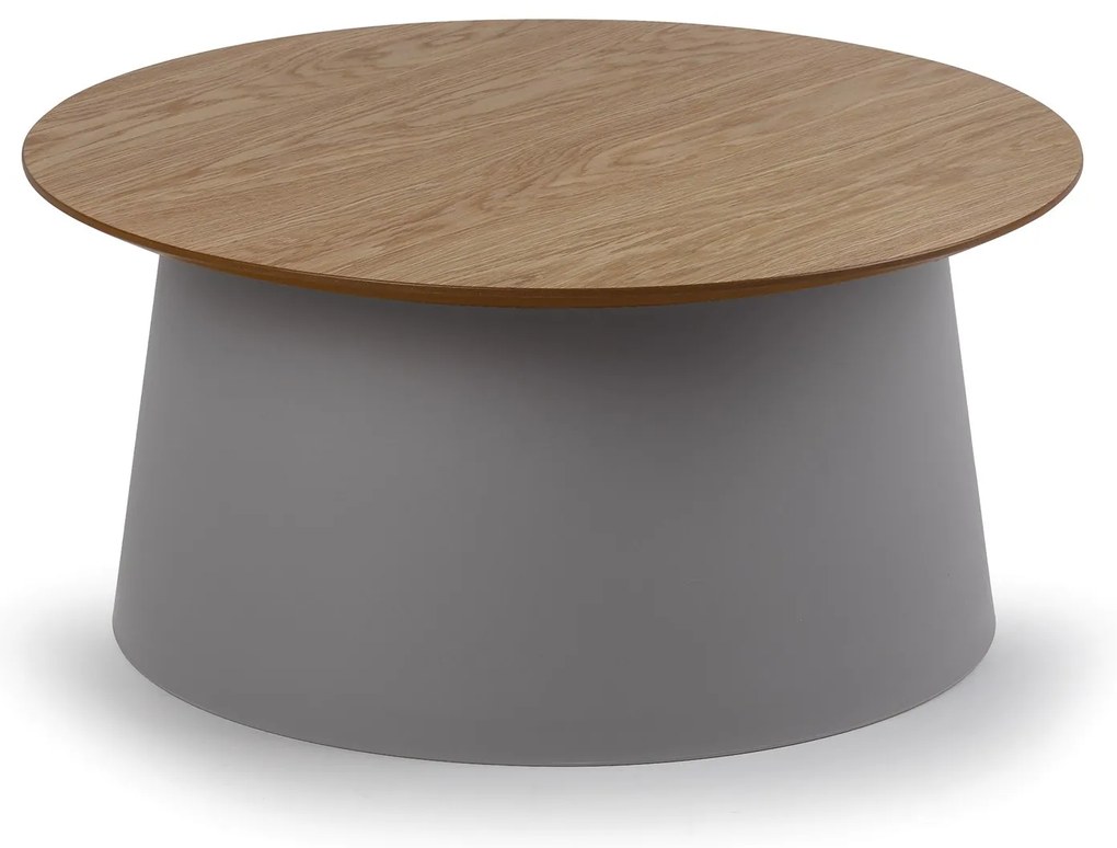 Plastový kávový stolík SETA s drevenou doskou, priemer 69 cm, dub/sivá