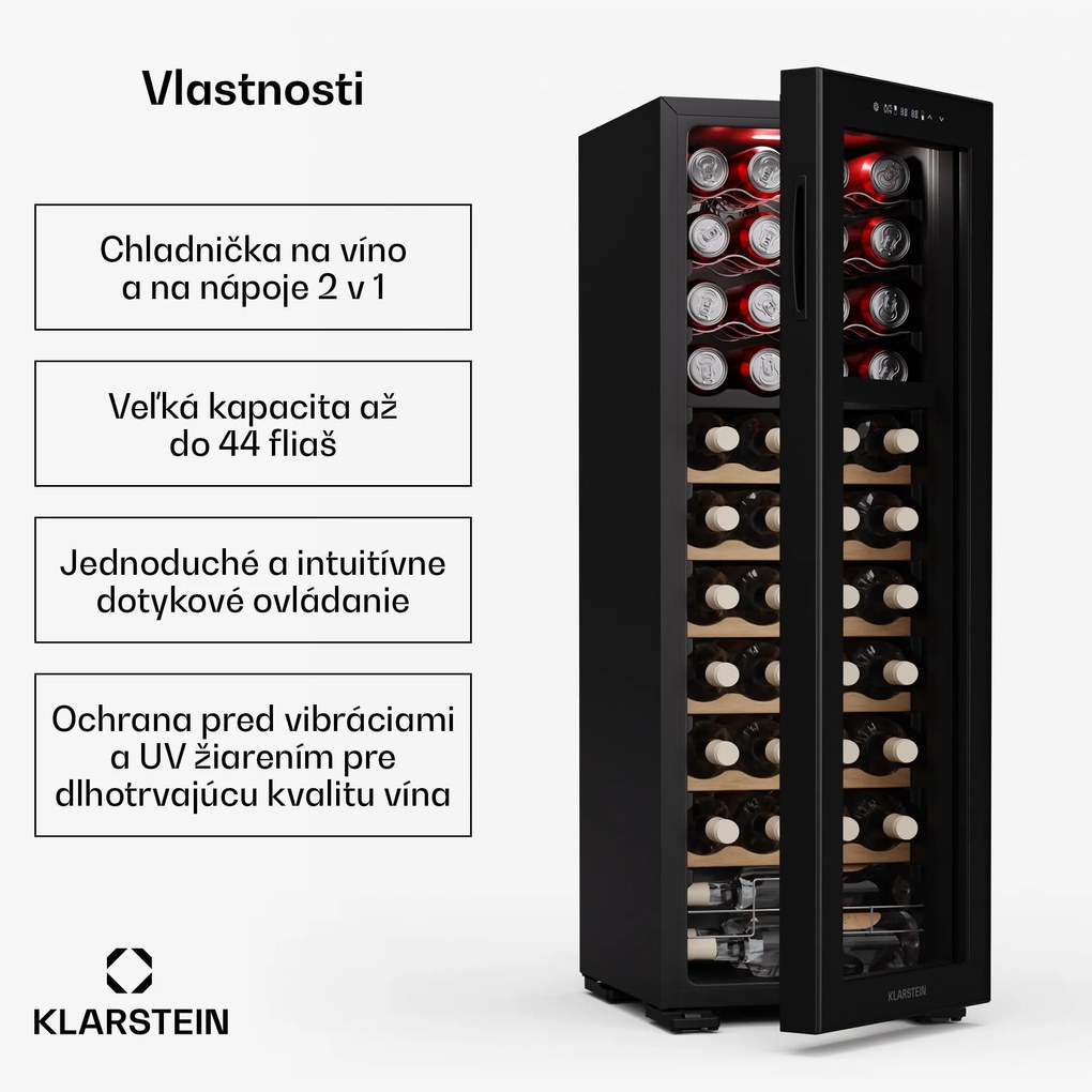 Klarstein Bovella 44 Duo+ chladnička na víno, 2 v 1, 44 fliaš, 2 zóny, 9 políc, Dotykové ovládanie