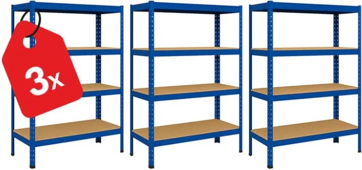 Akcia 3x Regál 150x70x30 cm lakovaný 4-policový, nosnosť 700 kg - modrý