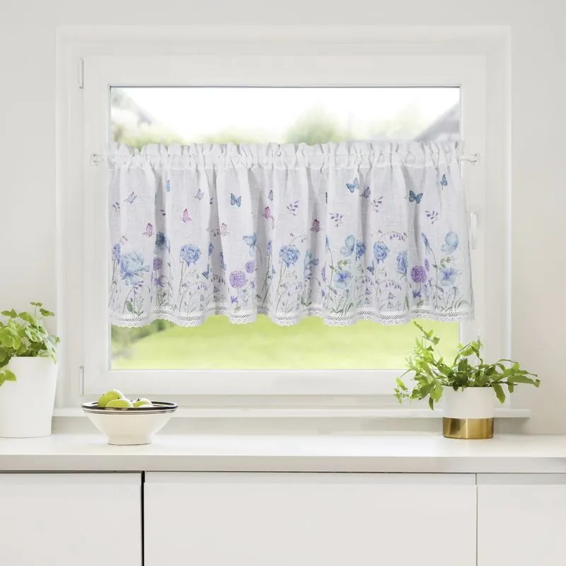 EUROFIRANY Potlačená záclona zdobená čipkou 150 cm x 30 cm biela 100 % polyester