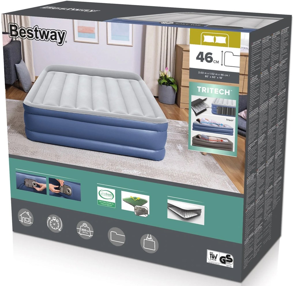 BESTWAY TriTech Queen Nafukovacia posteľ so vstavanou pumpou, 203 x 152 x 46 cm 67630