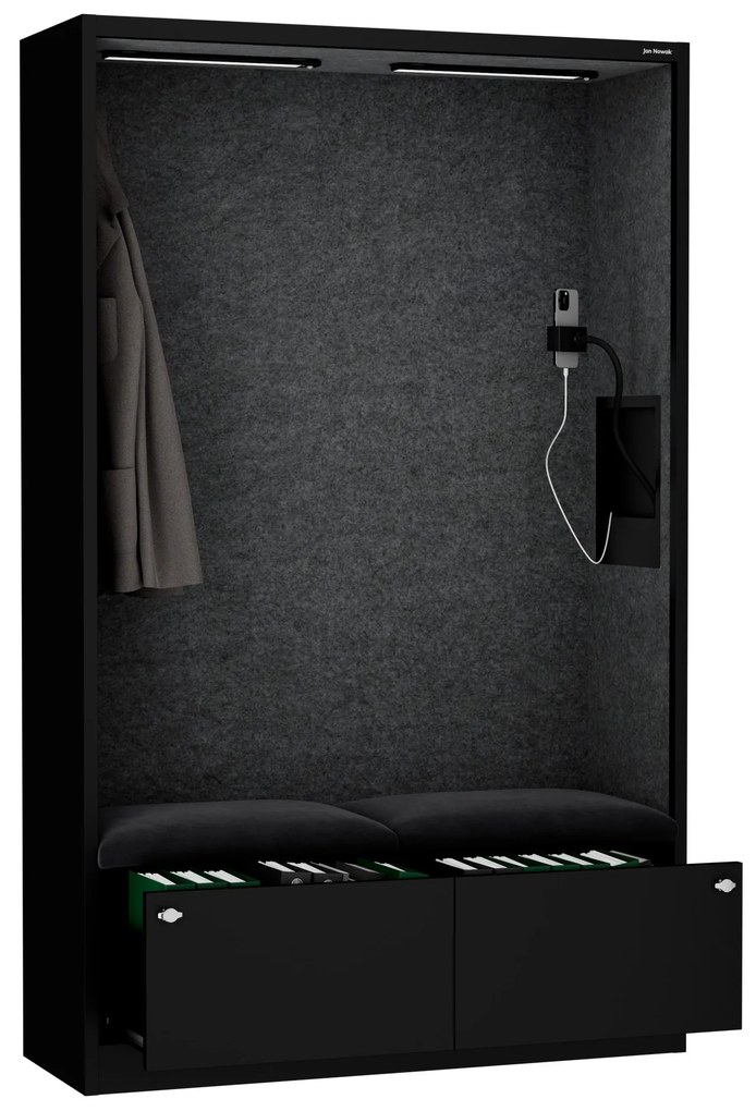 Kancelárska akustická kabína so sedadlom a portom USB-C, telo v čierny / sedák tmavosivá v zelenej farbe, 1150 mm: SALLY MentalBox