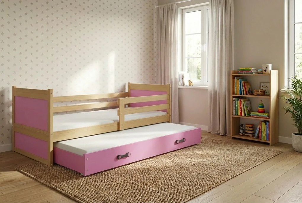 Posteľ s prístelkou RICO 2 200x90 Borovica - Ružová