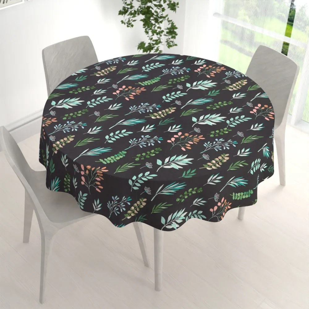 Biante Bavlnený okrúhly obrus Sandra SA-556 Vetvičky s lístkami na čiernom Ø 90 cm