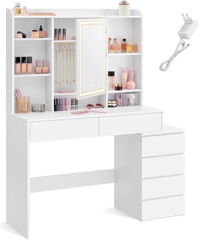Toaletní stolek Vasagle Ginny 117 cm s LED osvětlením bílý