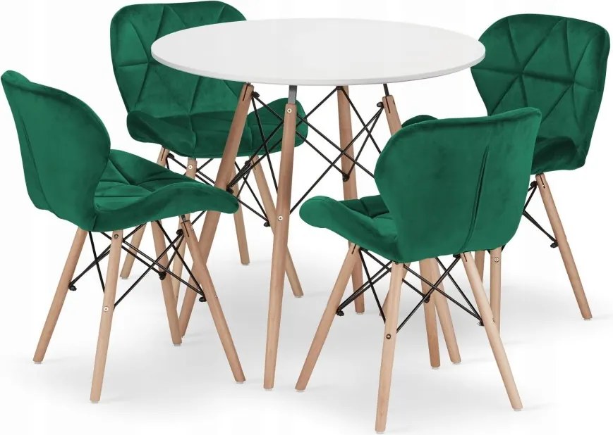 Jedálenská zostava TODI 80cm okrúhly stolový set biely a 2 stoličky LAGO zelené + 2 stoličky LAGO zelené ZADARMO
