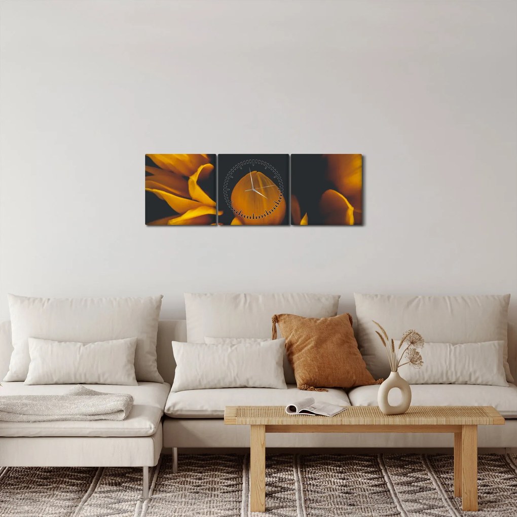 Obraz - Slnečnica v čiernom pozadí (s hodinami) (90x30 cm)
