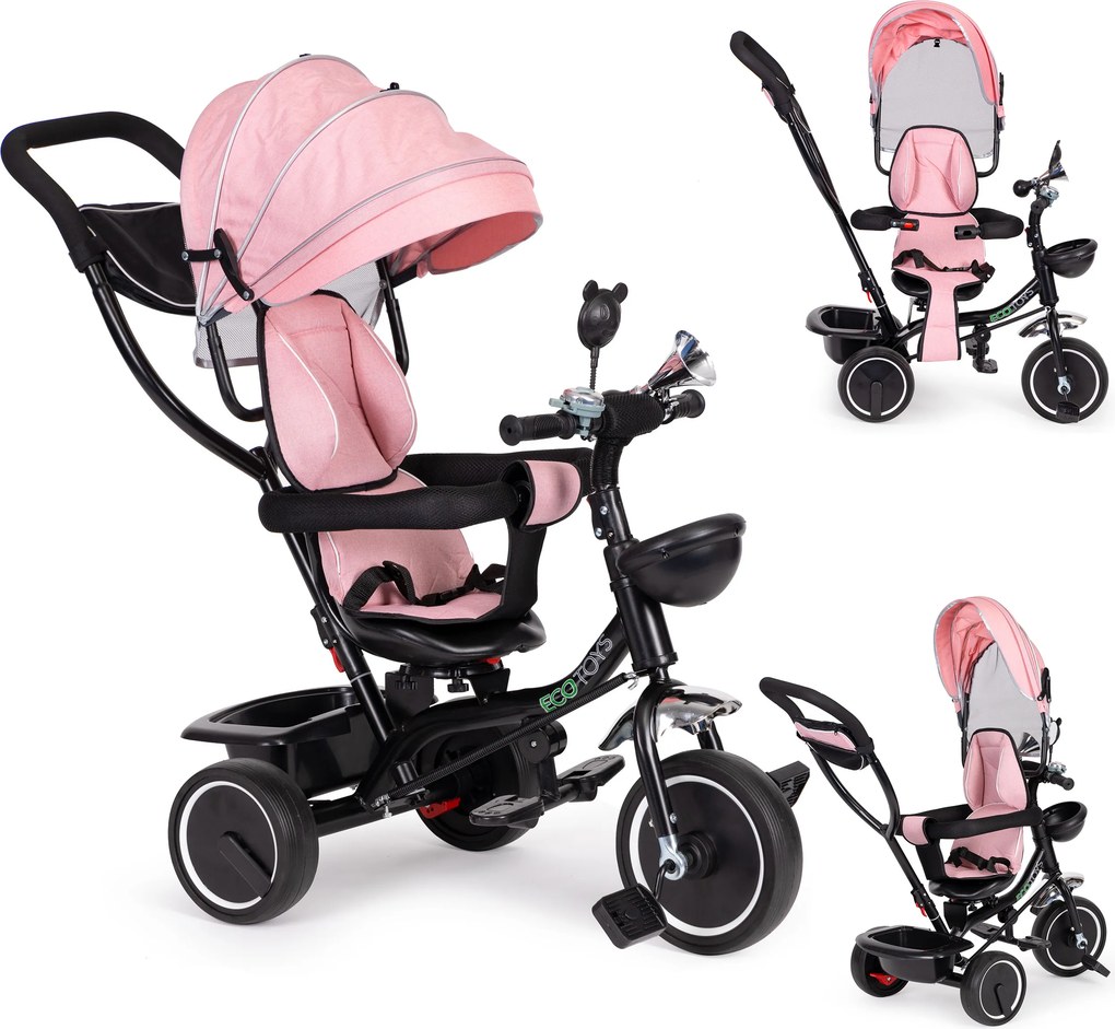 ECOTOYS detská trojkolka s otočným sedadlom 360°, odnímateľnou strieškou, ružová