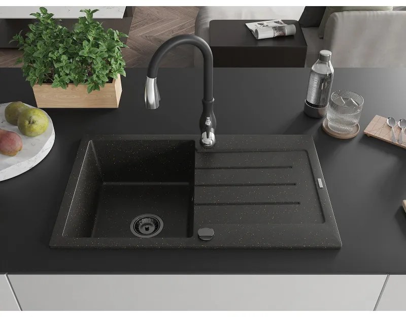 Mexen Bruno, 1-komorový granitový drez 795x495x200 mm a drezová batéria Savita, čierna-zlatá metalíza, 6513-75-672601-70-B