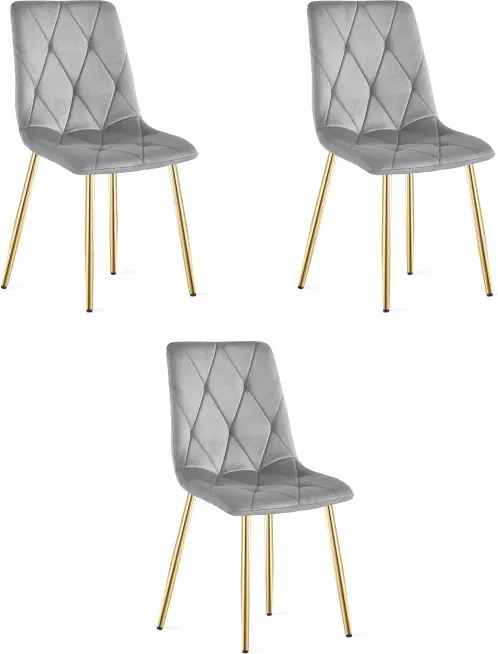 Sada troch jedálenských stoličiek LIBRA zamatové, svetlosivé / zlaté nohy (3 ks)