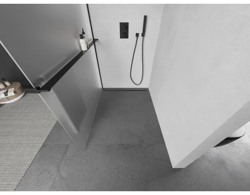 Mexen Kioto+ L, sprchová zástena Walk-In s poličkou a vešiakom 80 x 200 cm, 8mm sklo námraza, čierny profil, 800-080-123-70-30