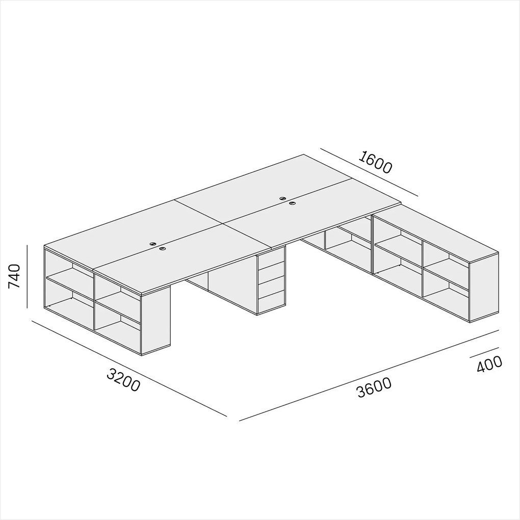 Kancelárska zostava stolov BLOCK B05, 4 miesta s úložným priestorom, 360 × 320 cm, biela/oranžová