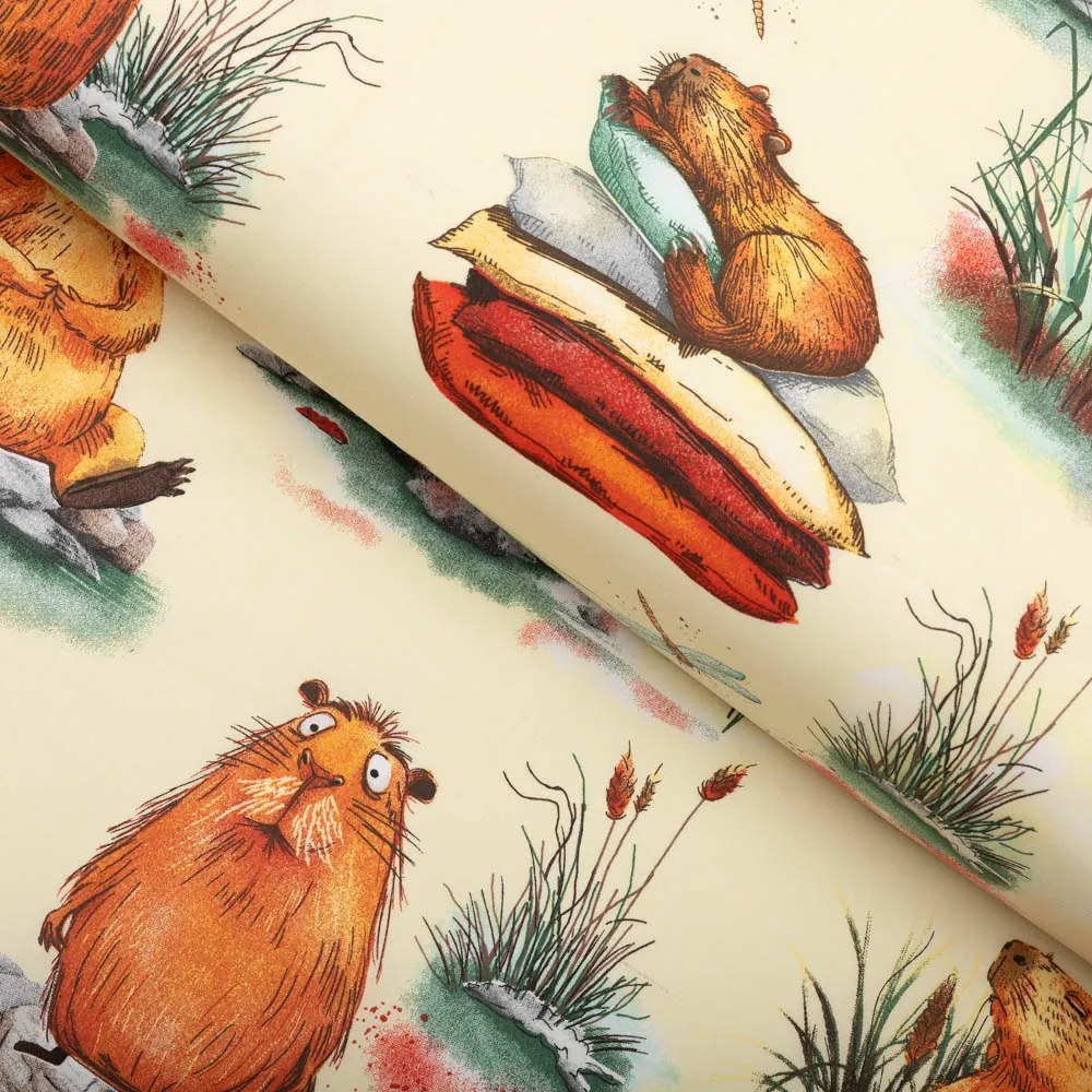 Biante Detský bavlnený oválny obrus Sandra SA-710 Kapybary na krémovom 50x100 cm