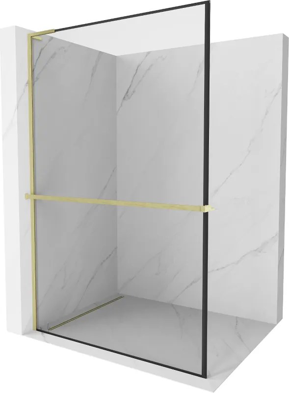 Mexen Kioto+ L, sprchová zástena Walk-In s poličkou a vešiakom 110 x 200 cm, 8mm číre sklo čierny vzor, zlatý matný profil, 800-110-123-55-70