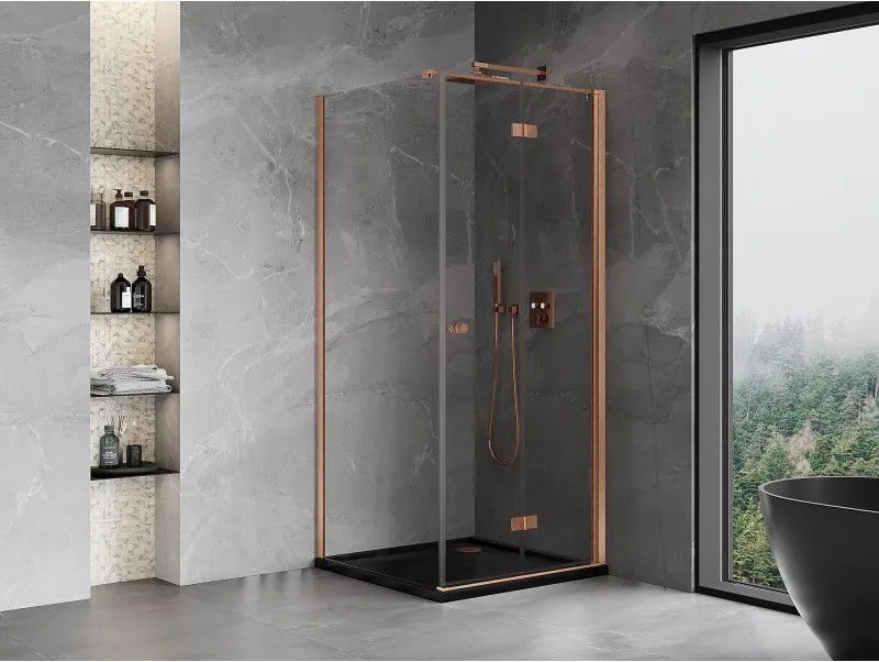 Mexen Mist-F T, 1-krídlový skladací sprchový kút pravý 95 x 95 cm, číre sklo, medený matný profil, 8A6T-095-095-65-00-P