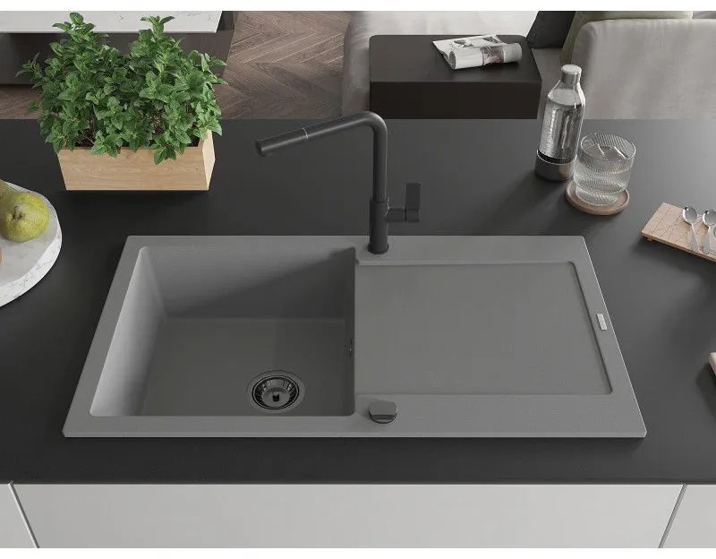 Mexen Leo, 1-komorový granitový drez 900x500x190 mm a drezová batéria Flora, šedá, 6501-71-670401-70-B