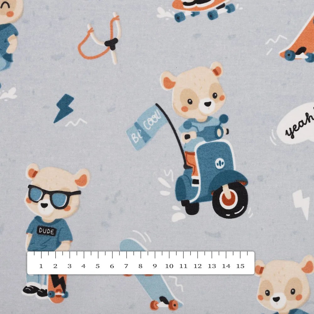 Biante Detský bavlnený oválny obrus Sandra SA-599 Medvedíky na motorkách a skateboardoch na svetlo sivomodrom 120x160 cm