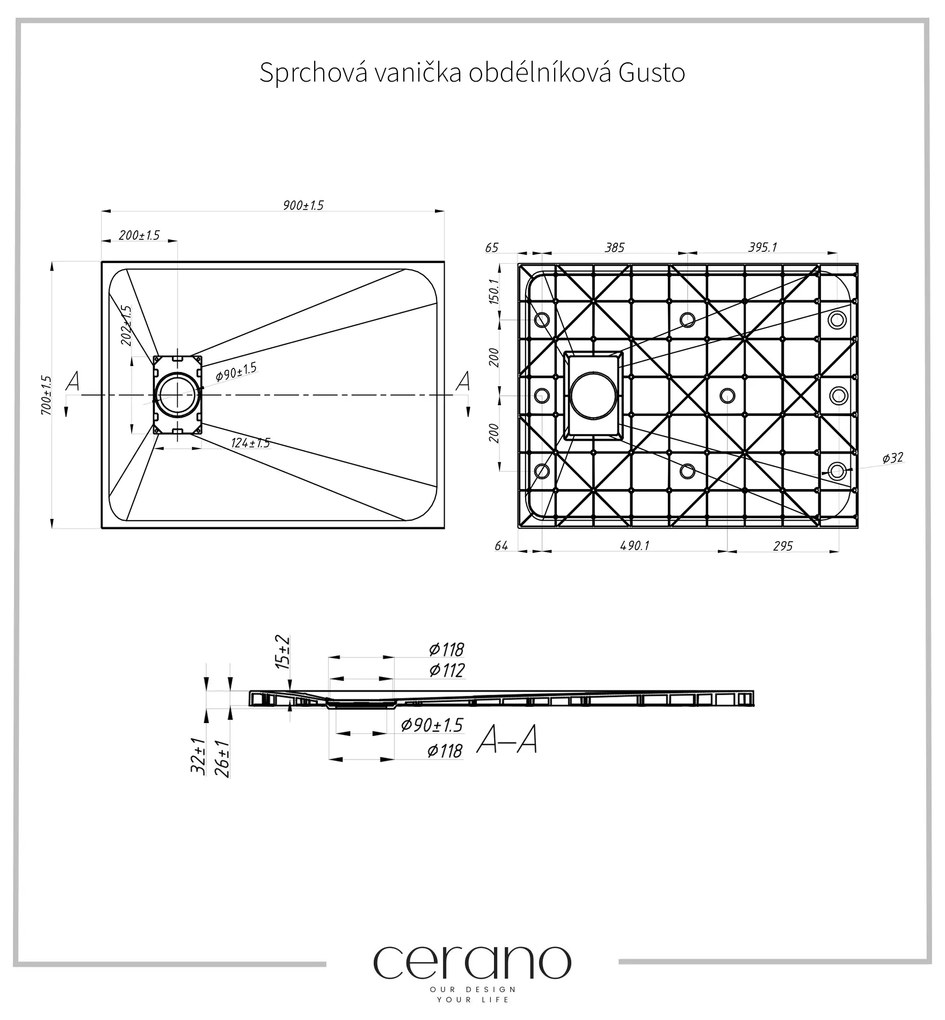 CERANO - Sprchová vanička obdĺžniková Gusto - čierna matná - 90x80 cm, CER-CER-480391