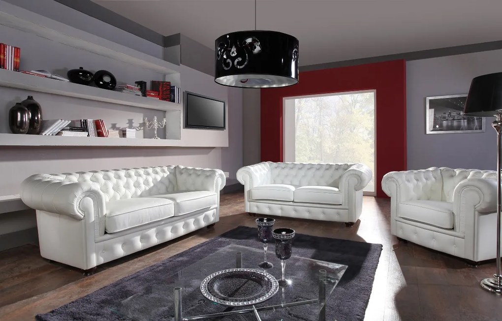 Kožená trojsedačka Chesterfield - wenge / biela (White snow)