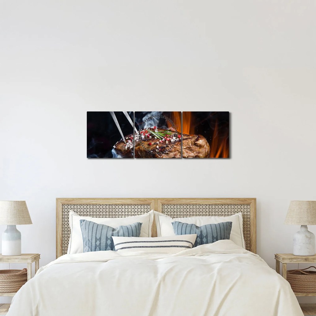 Obraz steaku na grile (s hodinami) (90x30 cm)