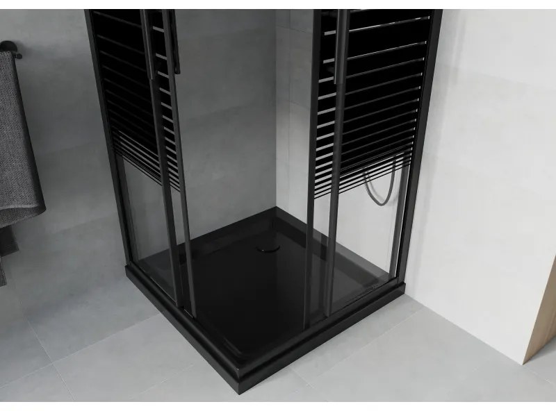 Mexen Rio, štvorcový sprchovací kút s posuvnými dverami 90(dvere) x 90(dvere) x 190 cm, 6mm číre sklo s pásikmi, čierny profil + čierna sprchová vanička SLIM, 860-090-090-70-20-4070B