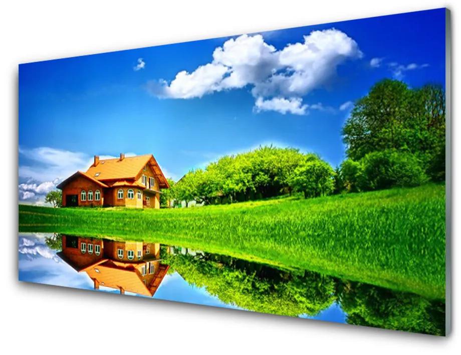 Obraz na skle Dom jazero tráva príroda 120x60 cm
