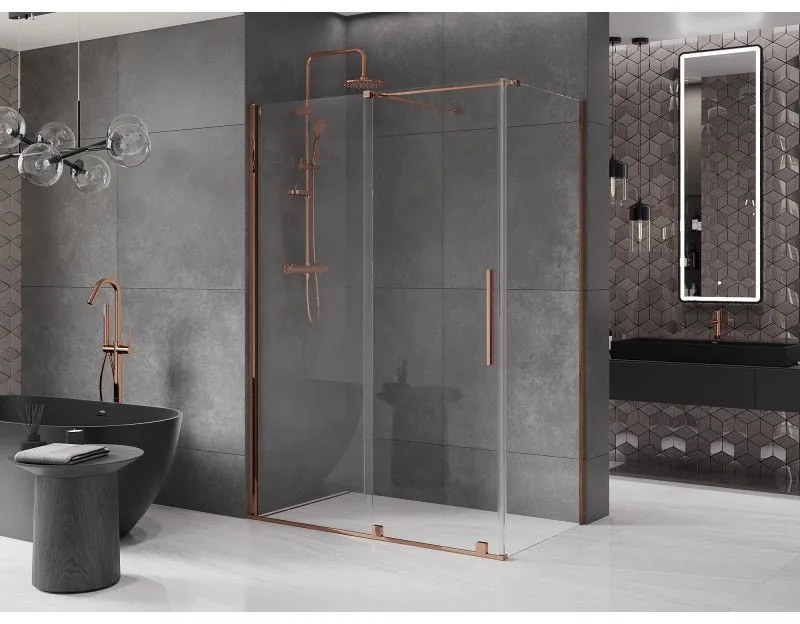 Mexen Velar, sprchový kút s posuvnými dverami 140(dvere) x 85(stena) cm, 8mm číre sklo, ružové zlato, 871-140-085-01-60