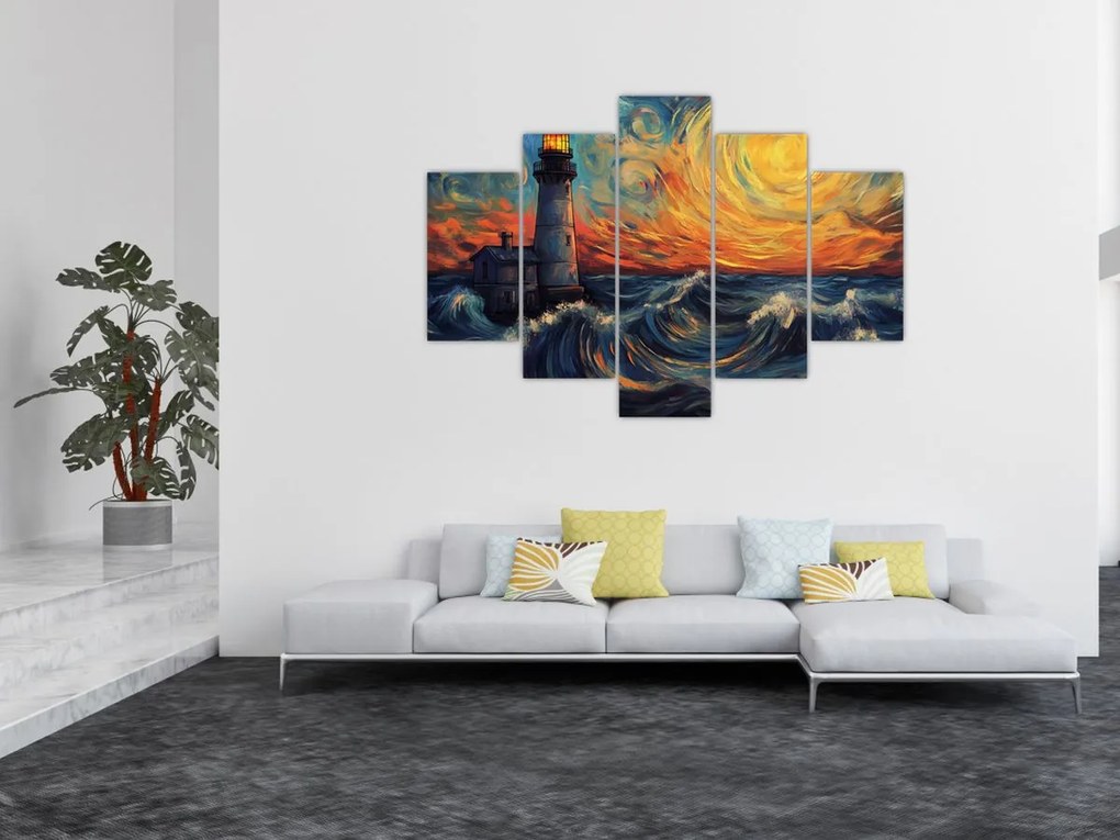 Obraz - Maják vo vlnách (150x105 cm)