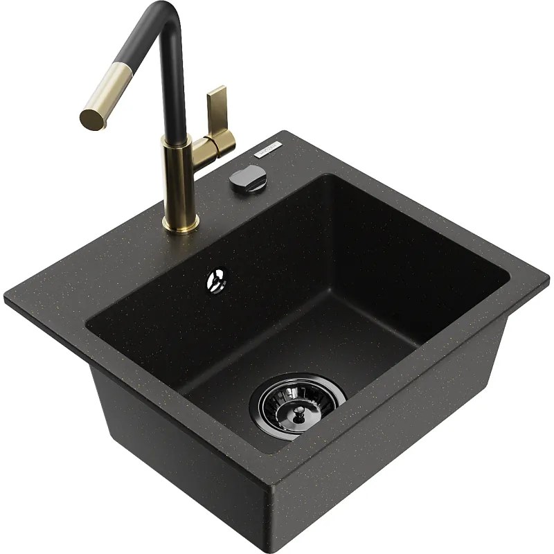 Mexen Milo, 1-komorový granitový drez 435x410x171 mm a drezová batéria Flora, čierna-zlatá metalíza, 6505-75-670401-57-B