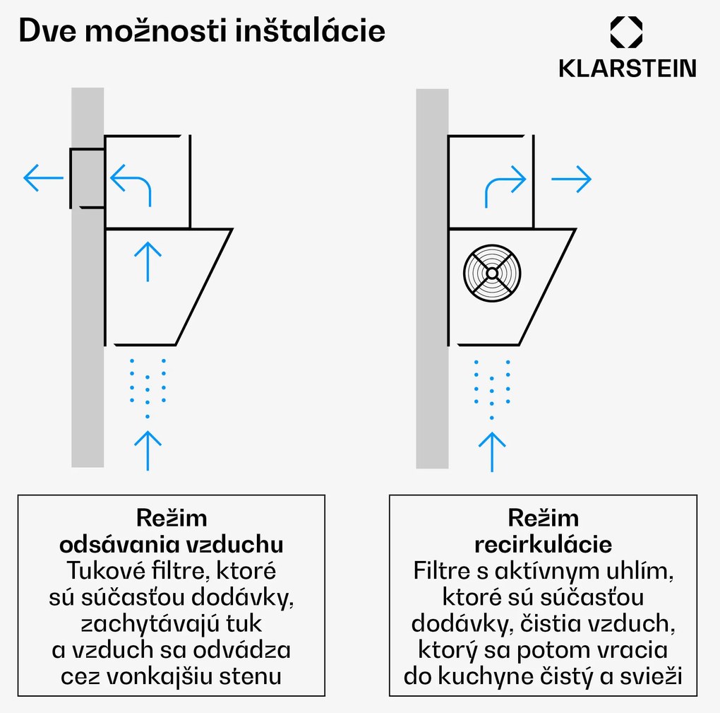 Klarstein Alessia šikmý digestor | režim odsávania vzduchu a recirkulácie | nehrdzavejúca oceľ | 404 m³/h | 60 cm