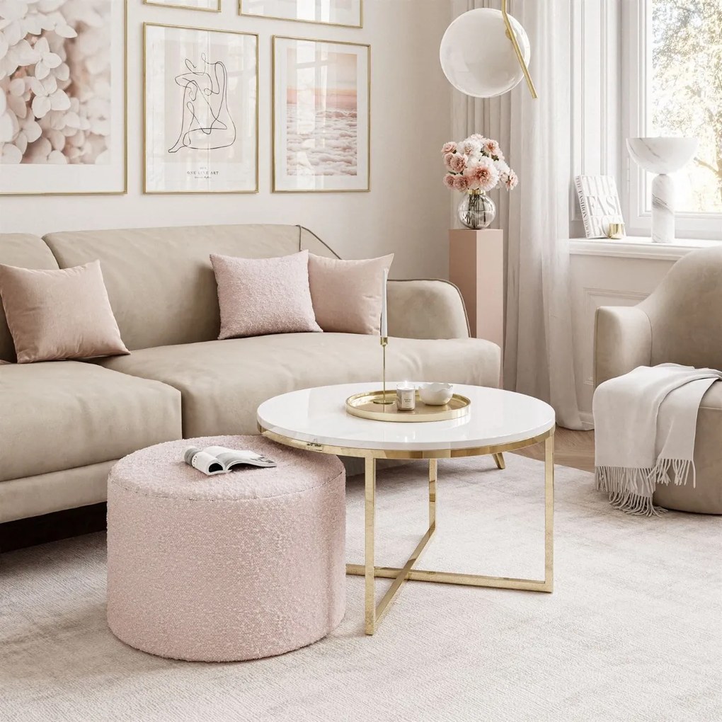 KONFERENČNÝ STOLÍK LEONARDO X BIELY LESK + ZLATÝ + TABURET RUŽOVÝ