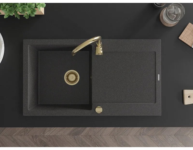 Mexen Leo, drez granitový 900x500x190 mm, 1-komorový, čierna škvrnitá so zlatým sifónom, 6501901010-76-G