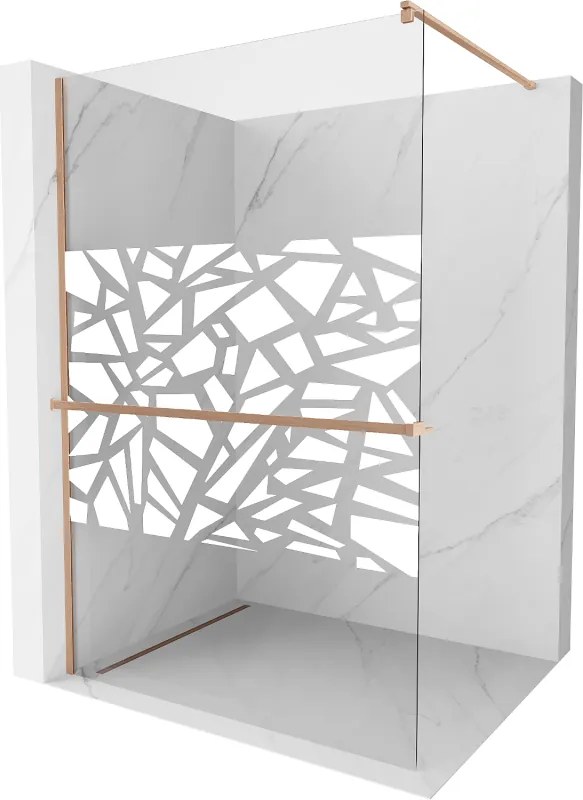 Mexen Kioto+, sprchová zástena Walk-In s poličkou a vešiakom 110 x 200 cm, 8mm číre sklo biely vzor, medený matný profil, 800-110-121-65-85