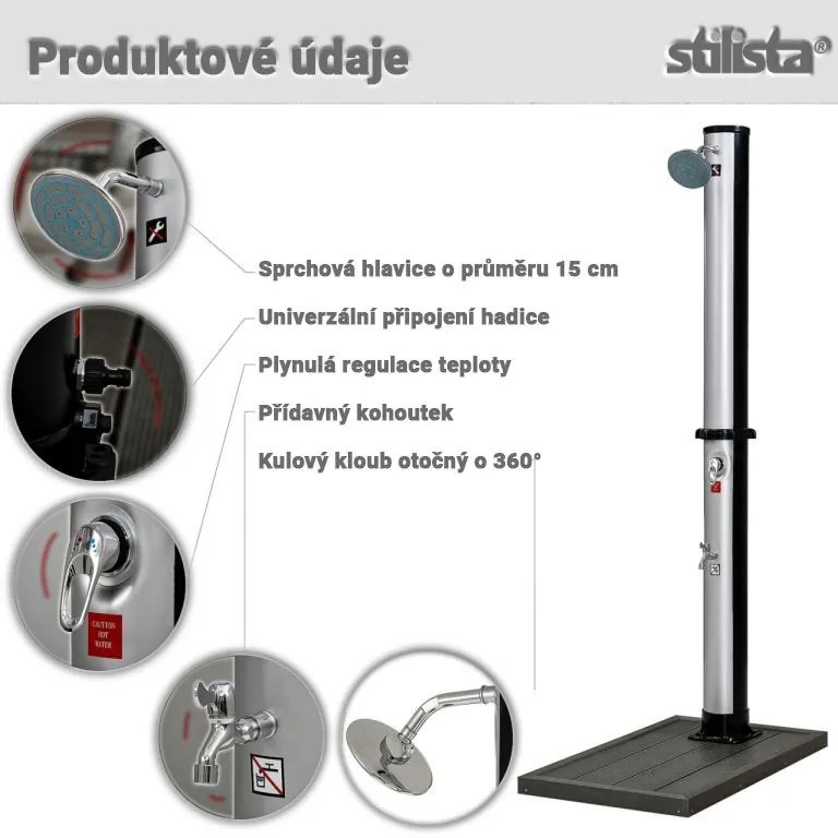 STILISTA záhradná solárna sprcha, 35 l, strieborná