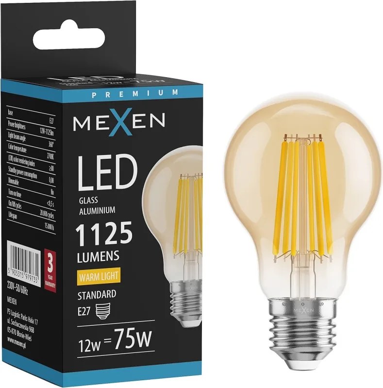 Mexen Vintis, LED filamentová žiarovka E27, A60, 12 W, teplá biela 2700K, jantárová, L150-E27-1227-50