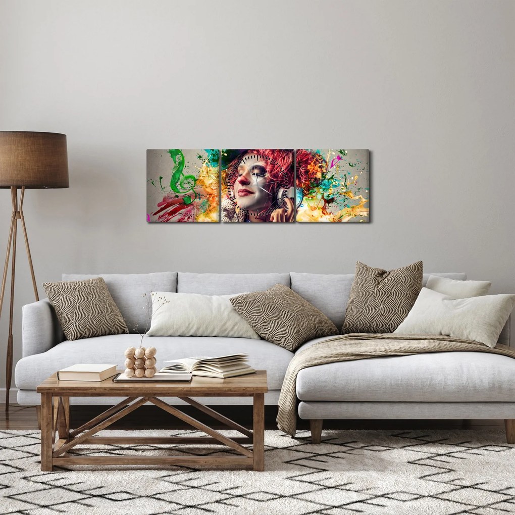 Obraz - Umelkyňa so slúchadlami (s hodinami) (90x30 cm)