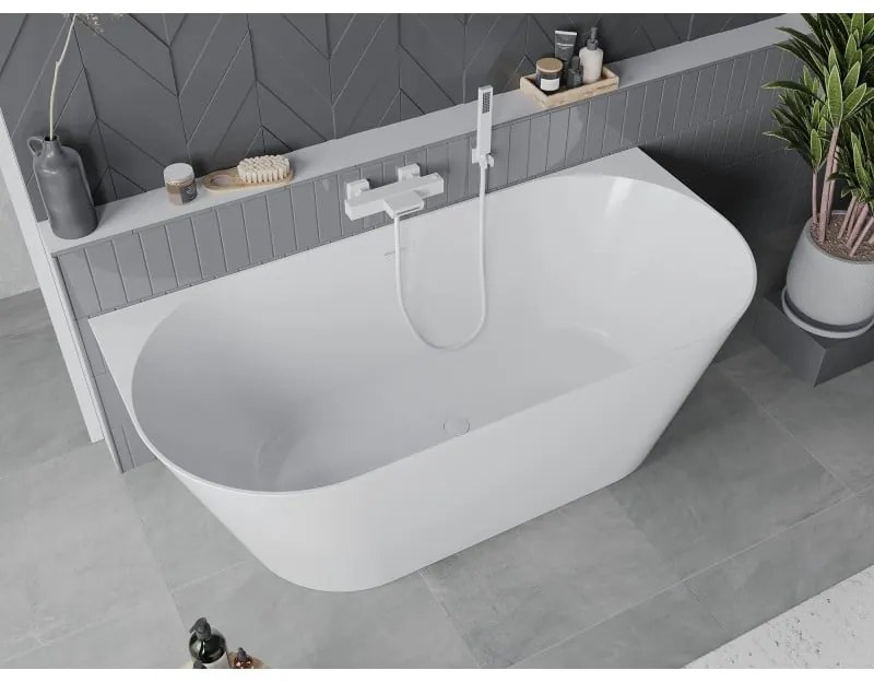 Mexen Oval Slim, voľne stojaca vaňa ku stene 170 x 80 cm, biela lesklá, biely prepad, 52661708000-20
