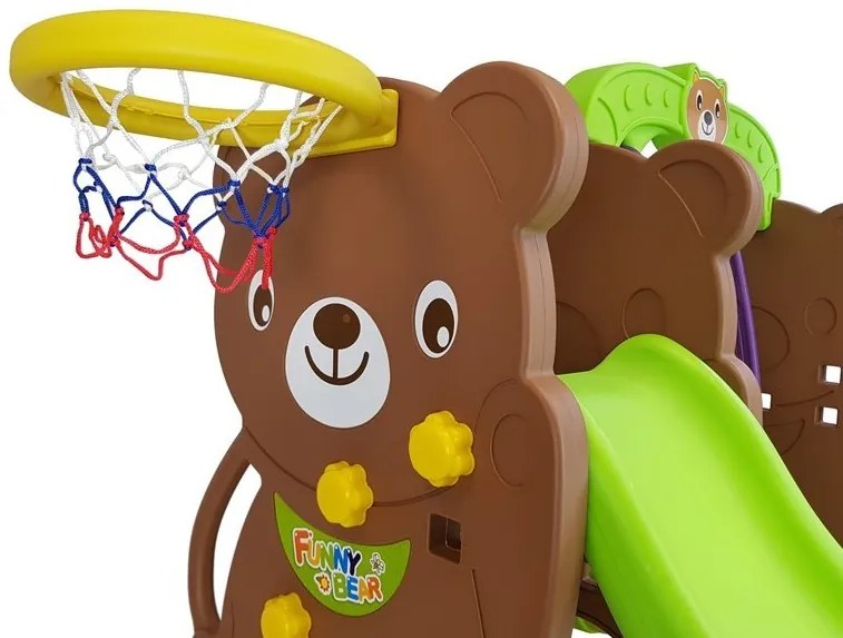 LEAN TOYS Záhradná súprava šmýkačka, hojdačka, kôš medveď hnedý