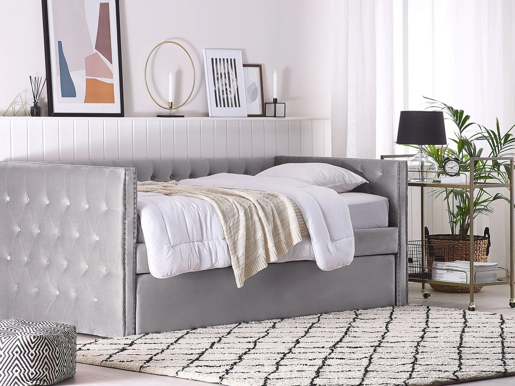 Výsuvná posteľ v sivom zamate 90 x 200 cm GASSIN Beliani