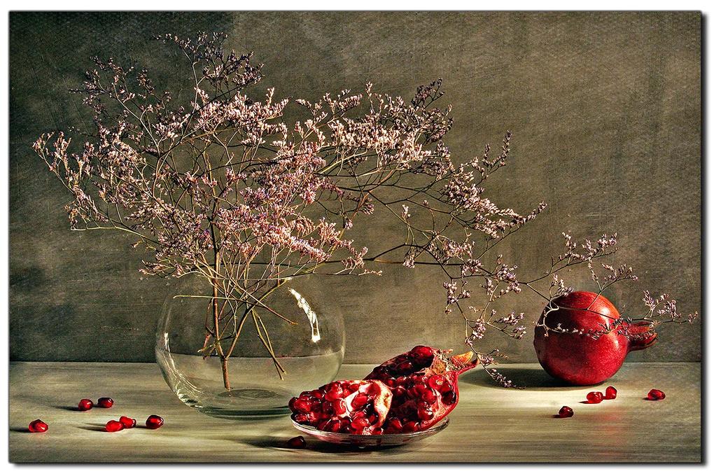 Obraz na plátne - Zátišie - vetva a granátové jablko 1274A (90x60 cm  )