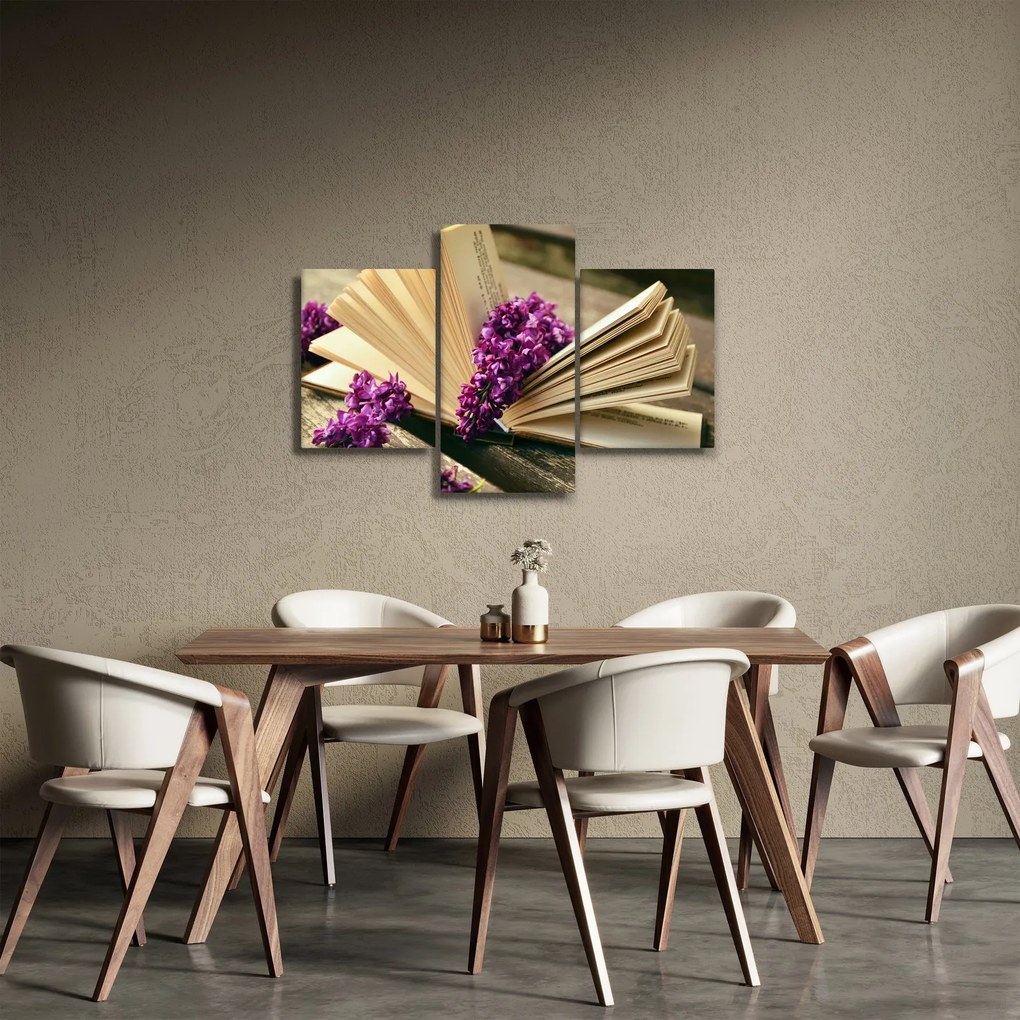 Obraz knihy a fialovej kvetiny (90x60 cm)