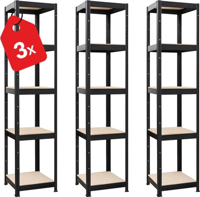Akcia 3x Regál 180x40x40 cm lakovaný 5-policový, nosnosť 875 kg - čierny
